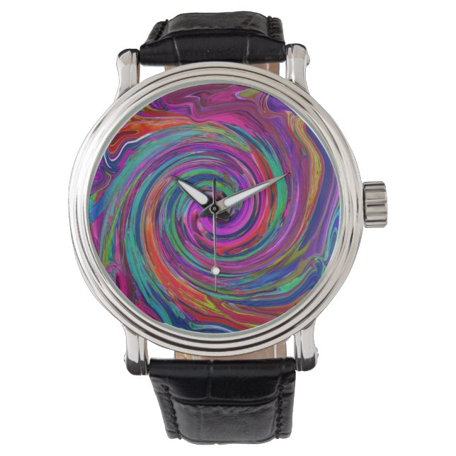 Groovy Abstract Retro Magenta Dark Rainbow Swirl Watch (Front)