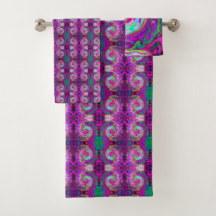 Groovy Abstract Retro Magenta Rainbow Swirl Bath Towel Set
