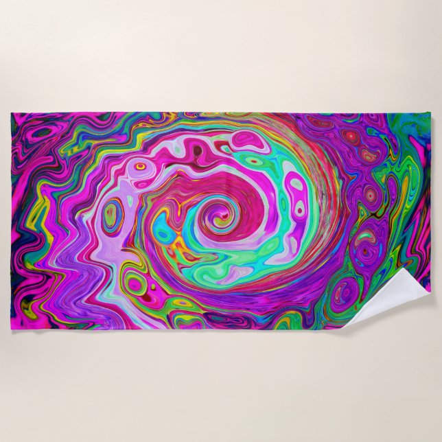 Groovy Abstract Retro Magenta Rainbow Swirl Beach Towel (Front)