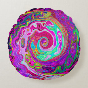 Groovy Abstract Retro Magenta Rainbow Swirl Round Pillow