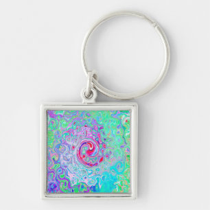 Groovy Abstract Retro Pink and Green Swirl Keychain