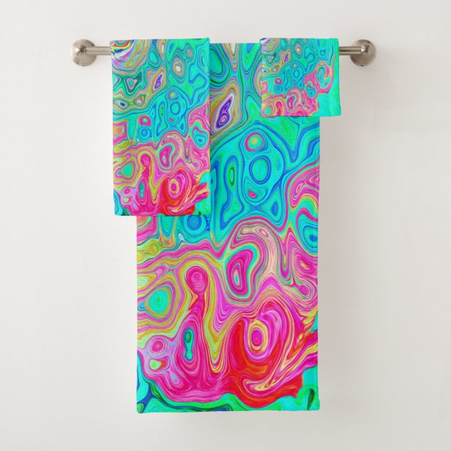 Groovy Abstract Retro Rainbow Liquid Swirl Bath Towel Set (Insitu)