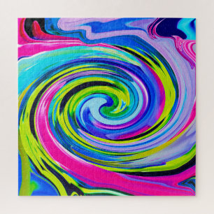 Groovy Abstract Yellow and Navy Blue Swirl Jigsaw Puzzle