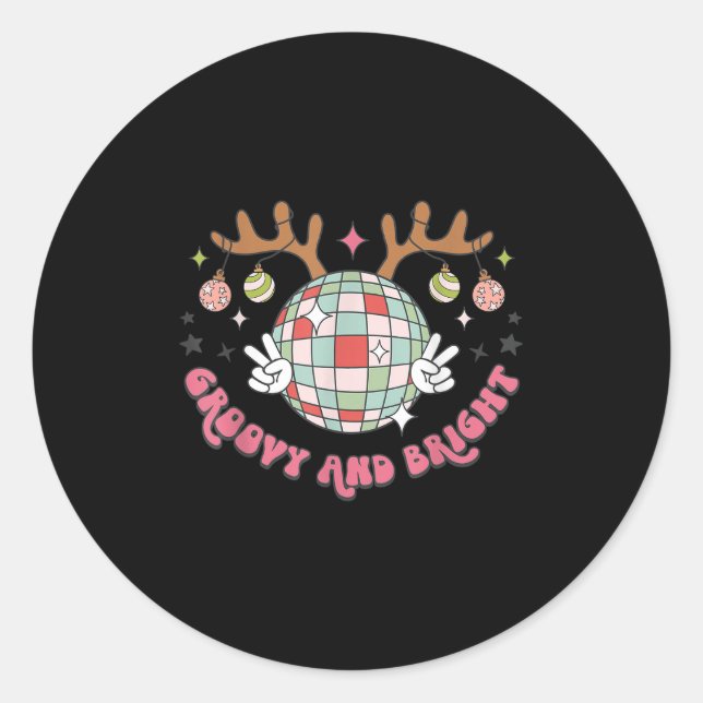Groovy And Bright Merry Christmas Disco Ball Reind Classic Round Sticker (Front)