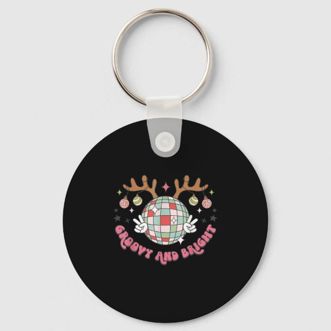 Groovy And Bright Merry Christmas Disco Ball Reind Keychain (Front)