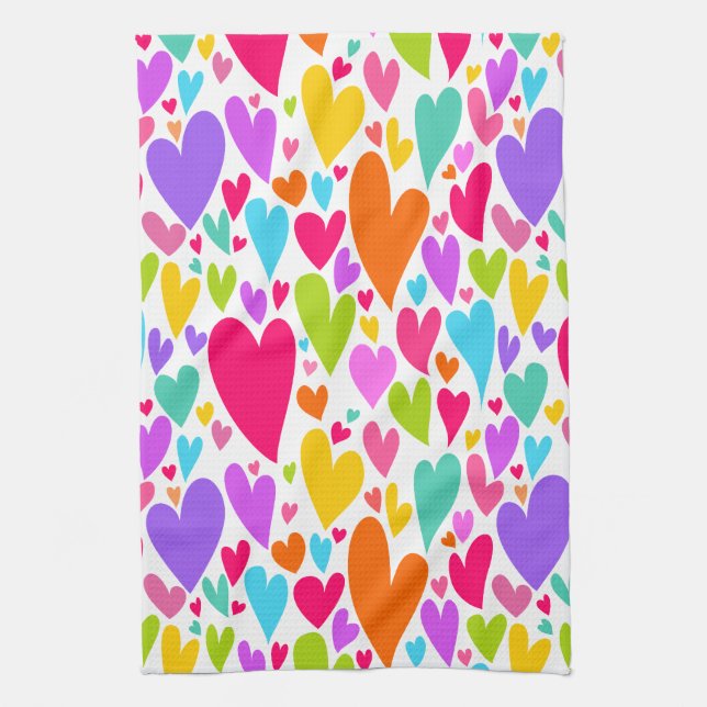 Groovy and Romantic Colourful Hearts Valentine Kitchen Towel (Vertical)