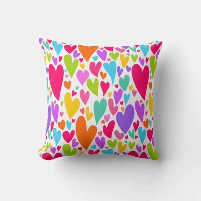 Groovy and Romantic Colourful Hearts Valentine Throw Pillow (Front)