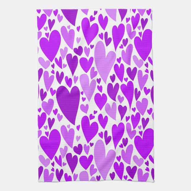 Groovy and Romantic Purple Hearts Valentine's Day Kitchen Towel (Vertical)