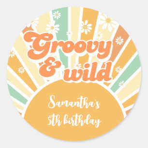 Groovy and wild retro sun kids birthday classic round sticker