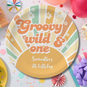 Groovy and wild retro sun kids birthday paper plate