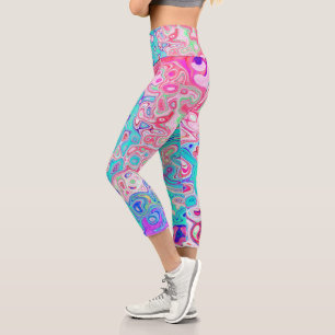 Groovy Aqua Blue and Pink Abstract Retro Swirl Capri Leggings
