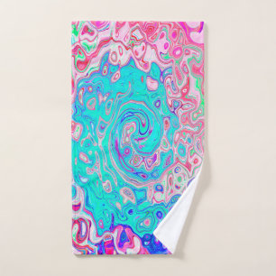 Groovy Aqua Blue and Pink Abstract Retro Swirl Hand Towel