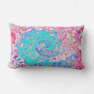Groovy Aqua Blue and Pink Abstract Retro Swirl Lumbar Pillow