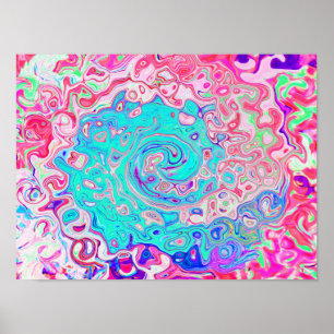Groovy Aqua Blue and Pink Abstract Retro Swirl Poster