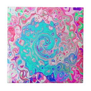 Groovy Aqua Blue and Pink Abstract Retro Swirl Tile
