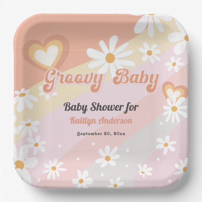 Groovy Baby 70s Daisy Flowers Heart Pastel Rainbow Paper Plate (Front)