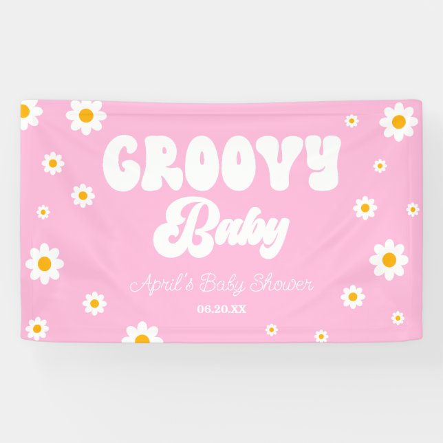 Groovy Baby Daisy Flower Floral Pink Baby Shower Banner (Horizontal)