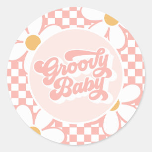 Groovy Baby Pink Check Daisy Classic Round Sticker