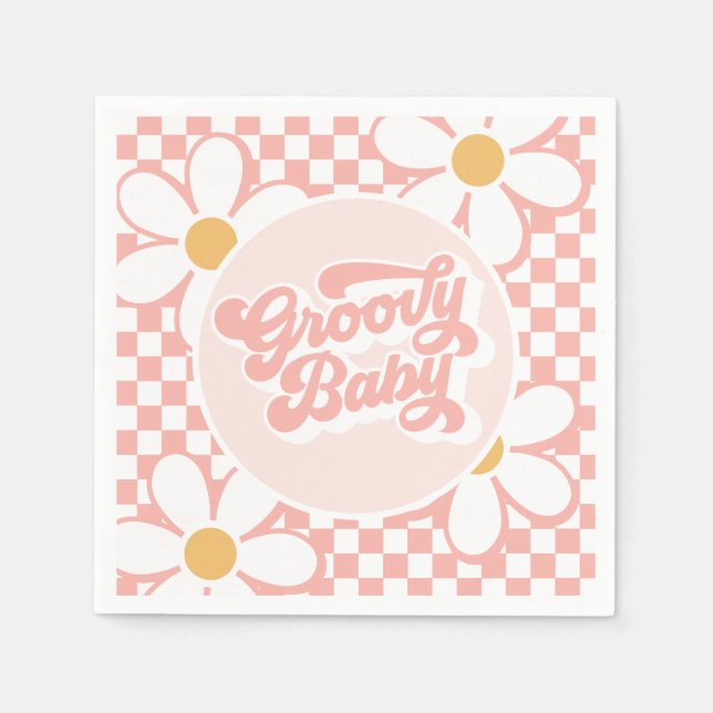 Groovy Baby Pink Daisy Chequered Napkin (Front)