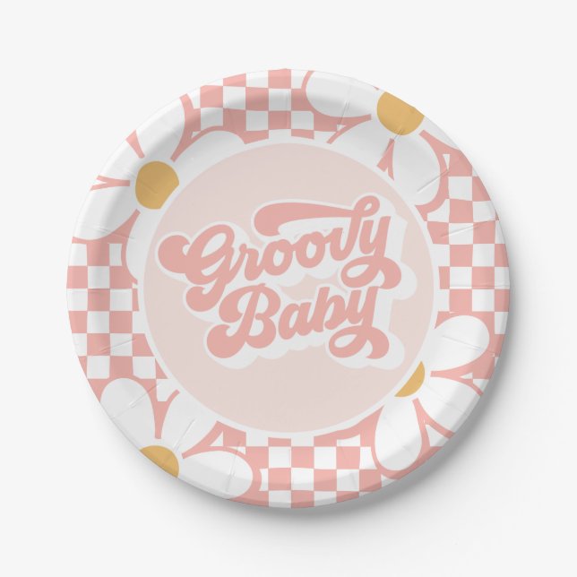 Groovy Baby Pink Daisy Chequered Paper Plate (Front)