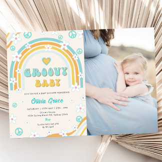 Groovy Baby Rainbow Baby Shower Party Photo Invitation