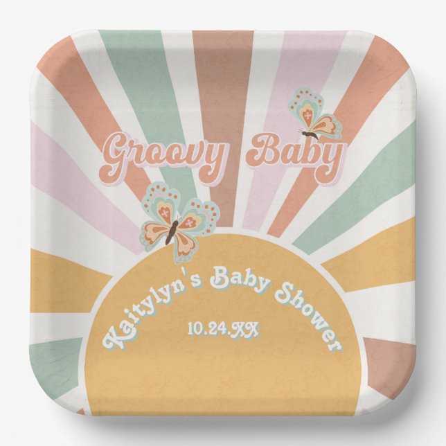Groovy Baby Retro 70s Hippie Sunshine Pink Mustard Paper Plate (Front)