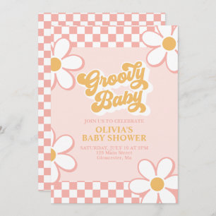 Groovy Baby Retro Check Pink Daisy Invitation
