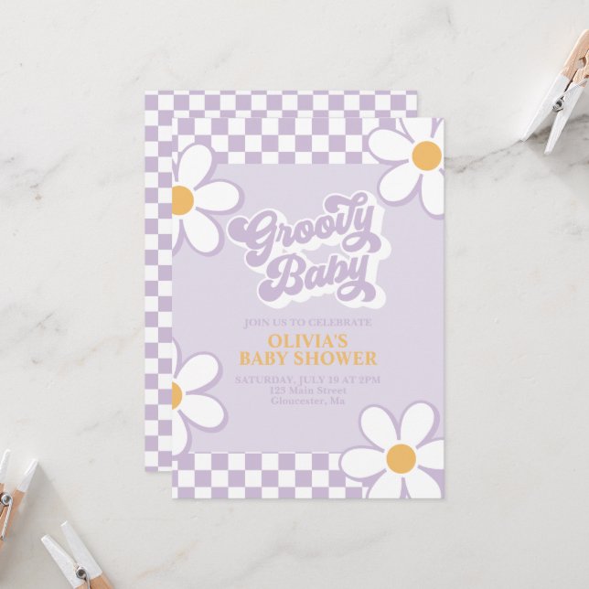 Groovy Baby Retro Check Purple Daisy Invitation (Front/Back In Situ)