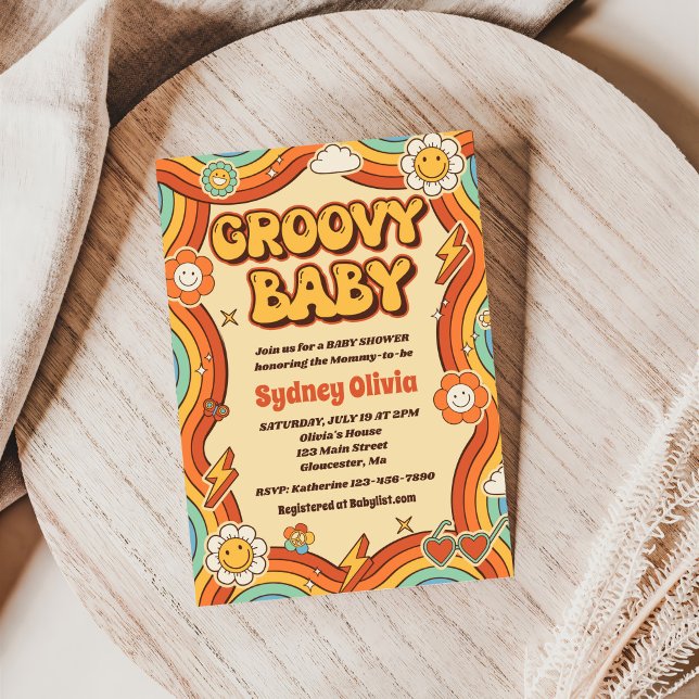 Groovy Baby Retro Rainbow Baby Shower Party Invitation (Creator Uploaded)