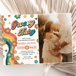 Groovy Baby Retro Rainbow Baby Shower Party Photo Invitation