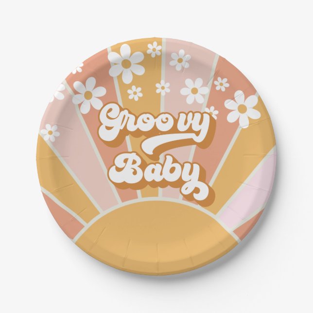 Groovy Baby Retro Sunshine Hippie Baby Shower Pape Paper Plate (Front)