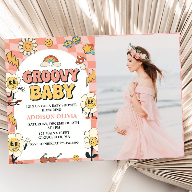 Groovy Baby Retro Van Pink Baby Shower Party Invitation (Creator Uploaded)