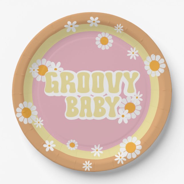 Groovy Baby Shower Decorations, Retro, 70's Vibe Paper Plate (Front)