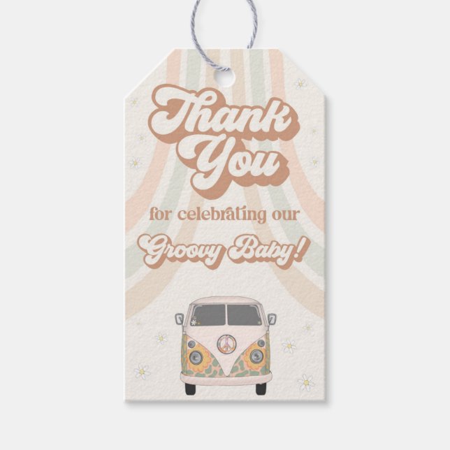 Groovy baby shower retro 70s theme favour gift tags (Front)