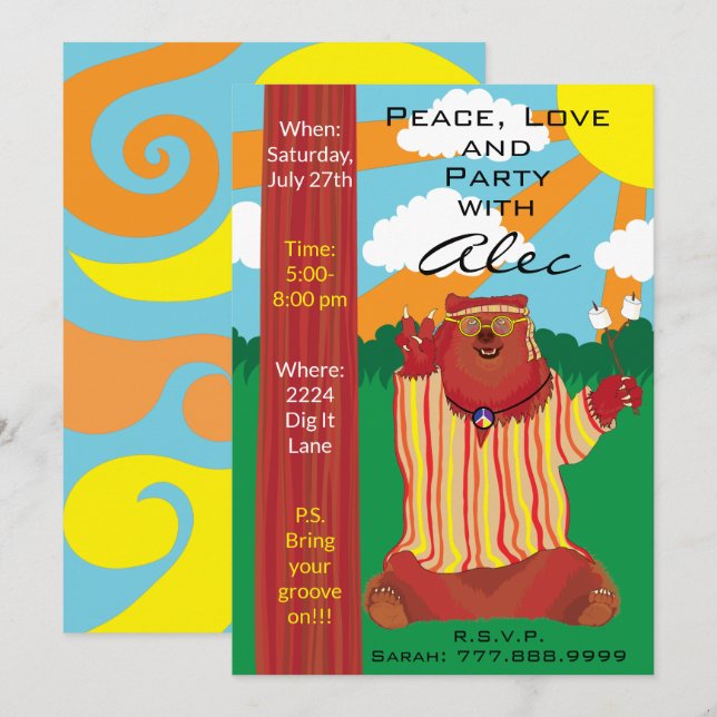 Groovy Bear 1960"s Style Invitation (Front/Back)
