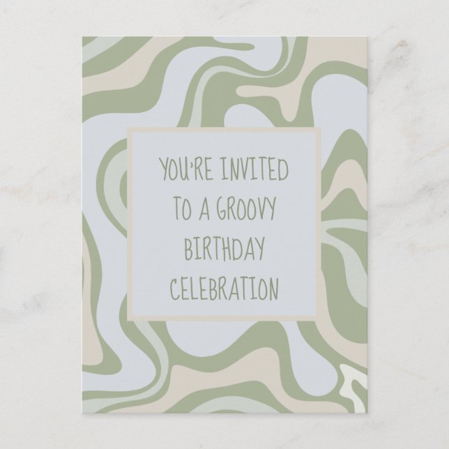 Groovy Birthday in Sage Green Invitation Postcard (Front)