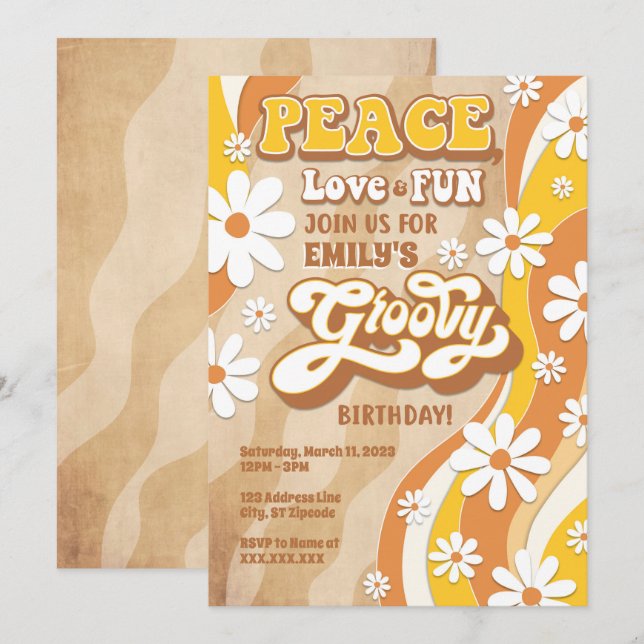 Groovy Birthday Party Invitation, Peace Love & Fun Invitation (Front/Back)