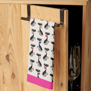 Groovy Black Cats Pink Border Kitchen Towel