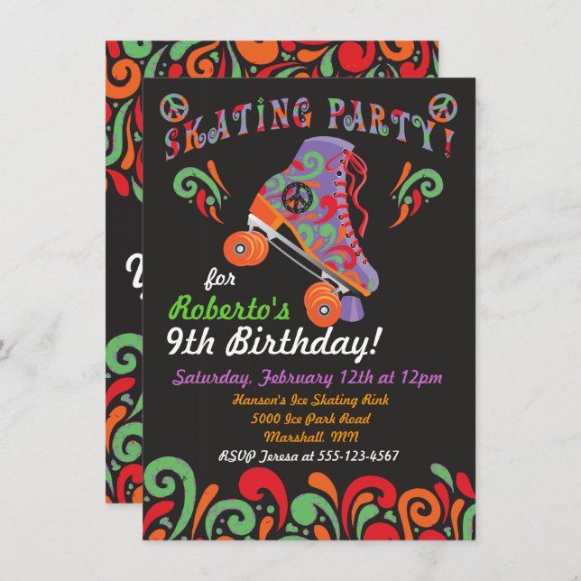 Groovy Black Roller Skating Party Invitations (Front/Back)