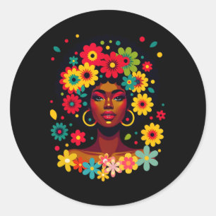 Groovy Black Woman Melanin With Flowers Afro Pride Classic Round Sticker