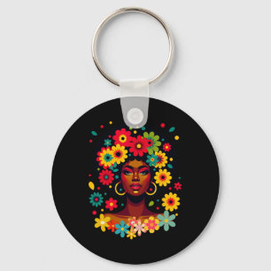 Groovy Black Woman Melanin With Flowers Afro Pride Keychain