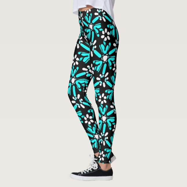 Groovy Blue Batik Flower Pattern Leggings (Left)