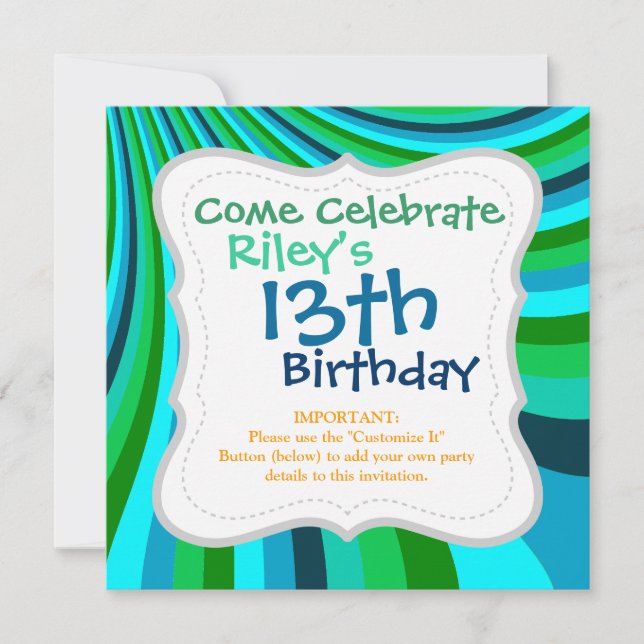 Groovy Blue Green Rainbow Slide Stripes Retro Invitation (Front)