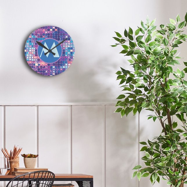 Groovy Blue & Purple Disco Ball Personalized Round Clock (groovy blue and purple disco ball personalized monogram wall clock)