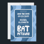 Groovy Blue Waves Custom Bat Bar Bnai Mitzvah Save The Date<br><div class="desc">Perfect card to announce a bar or bat mitzvah or other Jewish celebration and ask guests to save the date! Hand made art for you with handlettering on the front and back side! (check shop or DM for BAR/BAT options) FULLY CUSTOMIZABLE! Click on “Personalize” above to edit the text. Click...</div>