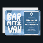 Groovy Blue Waves Star of David Custom Bar Mitzvah Invitation<br><div class="desc">Perfect card to announce a bat mitzvah, bar mitzvah or other Jewish celebration! Hand made art for you with handlettering too! FULLY CUSTOMIZABLE! Click on “Personalize” above to edit the text. Click "edit using design tool" to adjust the fonts, colours and placements and to delete the back side wavy design...</div>