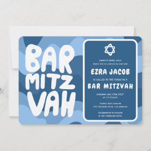 Groovy Blue Waves Star of David Custom Bar Mitzvah Invitation