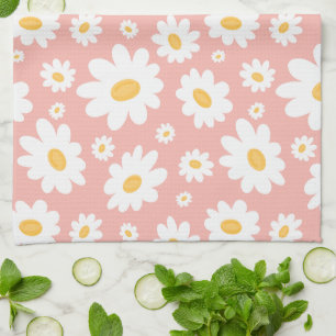 Groovy Blush Boho Daisy Floral Garden Pattern Kitchen Towel