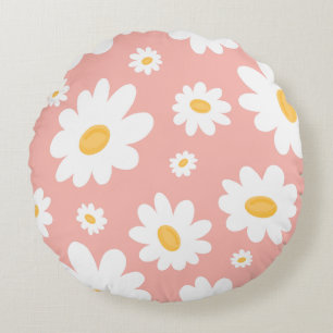Groovy Blush Boho Daisy Floral Garden Pattern Round Pillow