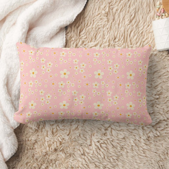 Groovy Blush Boho Daisy Floral Garden Pattern Wrap Lumbar Pillow (Blanket)